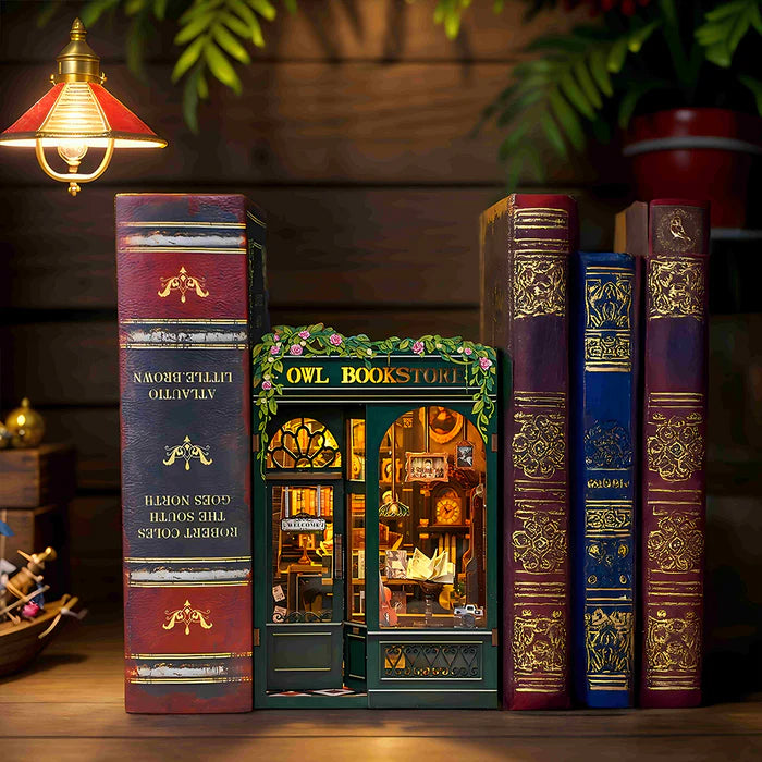Owl Bookstore DIY Book Nook bookshelf decor with LED lighting