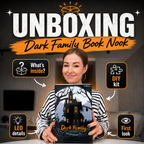 Unboxing video of a DIY book nook kit with miniature wooden pieces, LED lights, and craft materials for building a glowing bookshelf insert.