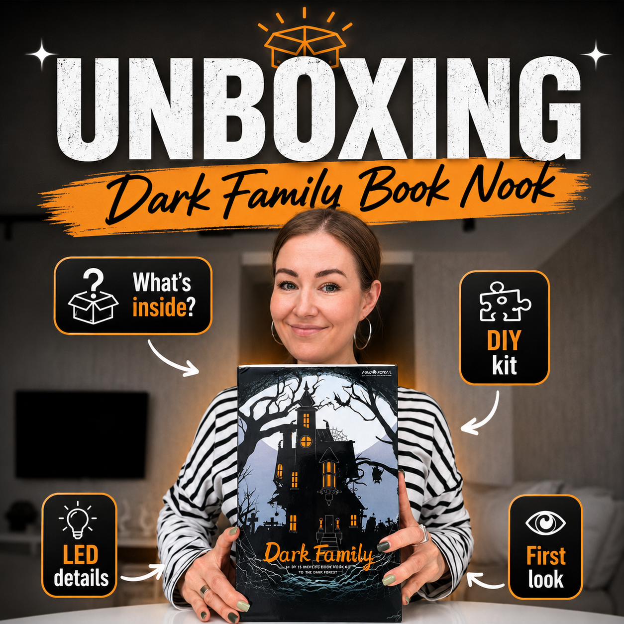 Unboxing video of a DIY book nook kit with miniature wooden pieces, LED lights, and craft materials for building a glowing bookshelf insert.
